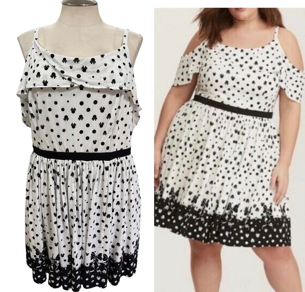 Torrid size 30 Disney Minnie Mouse Polka Dots n Bows Cold Shoulder Challis Dress
